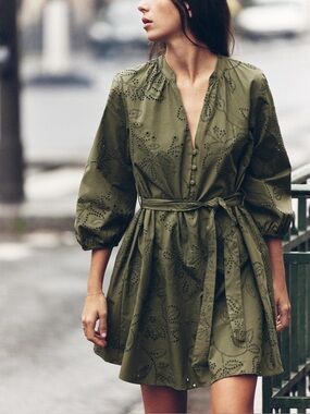 NWT Zara Olive Eyelet Floral Embroidered Tie-Waist Dress